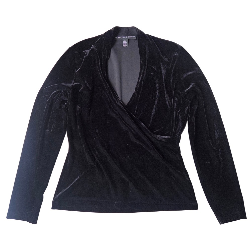 VTG Josephine Chaus Black Velvet Wrap Top 90s Goth Dark Academia Minimalist Med